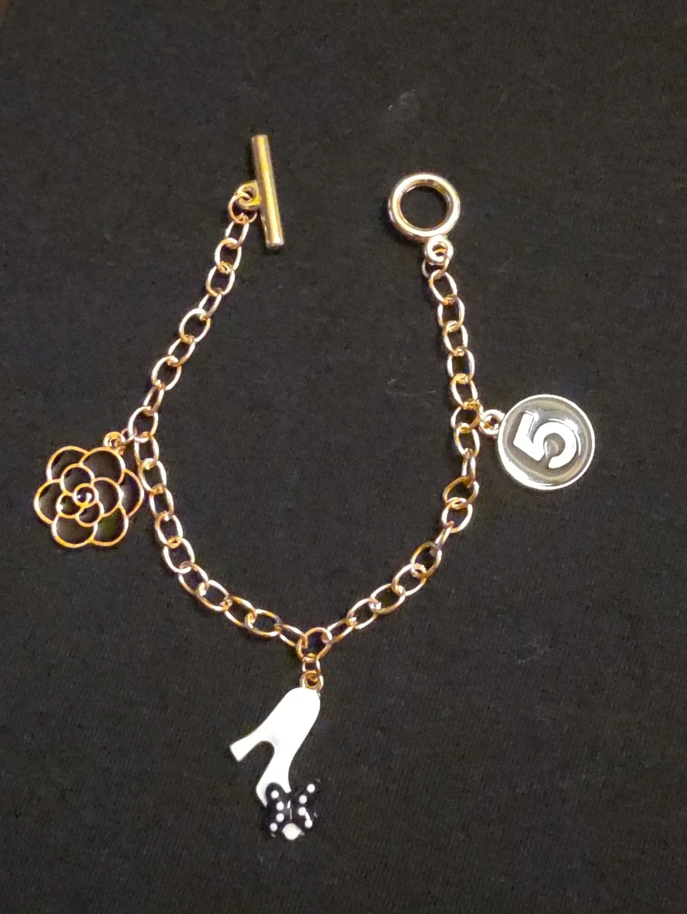 Gold-Tone Charm Bracelet with Floral, Heel & '5' Charms